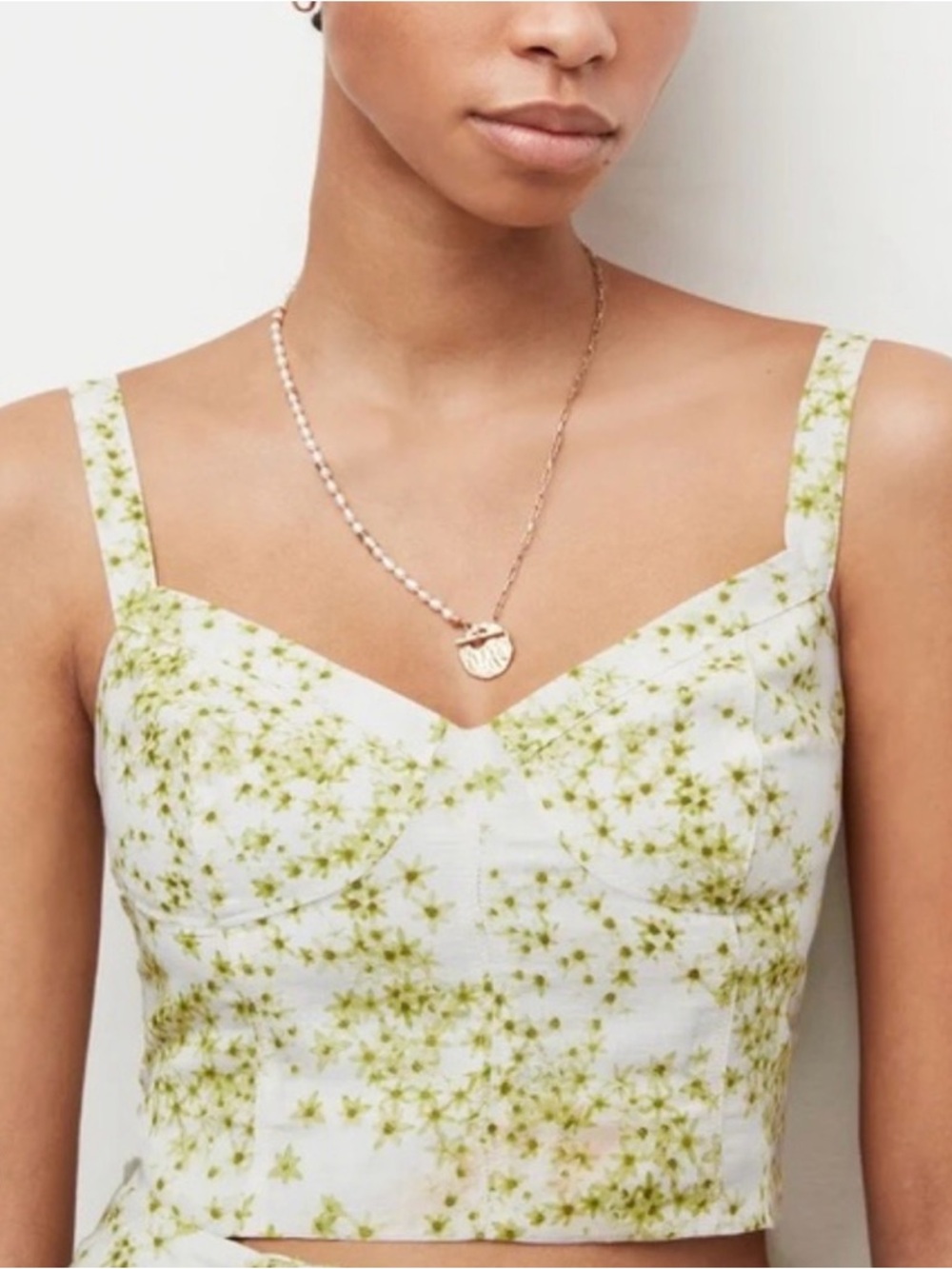Allsaints Cassia Amanza White Cropped Floral Cami with Green Star Blossoms